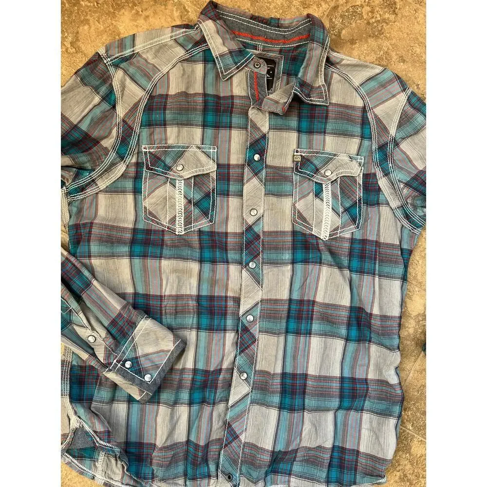 Buckle Black Athletic gray/teal plaid snap down long sleeve shirt., Men's size L